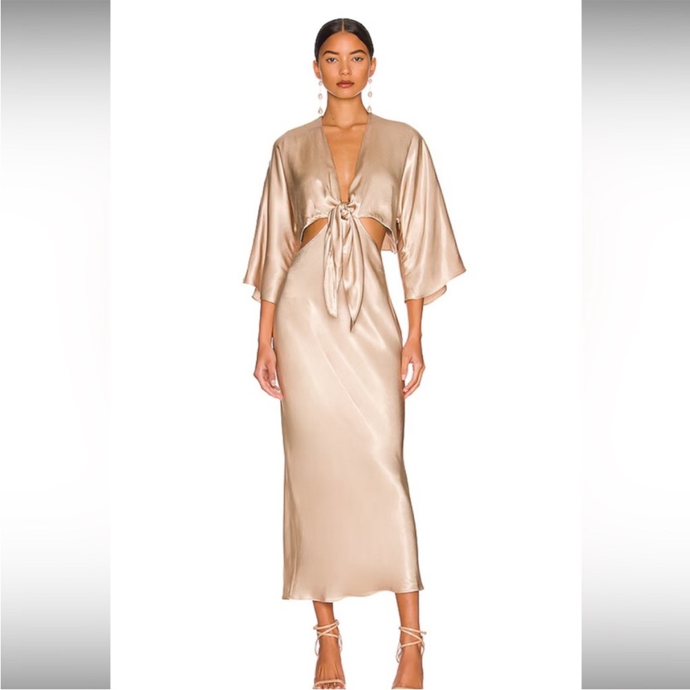 NWT Shona Joy La Lune Tie Front Bias Midi Dress in Gold - Picture 6 of 7